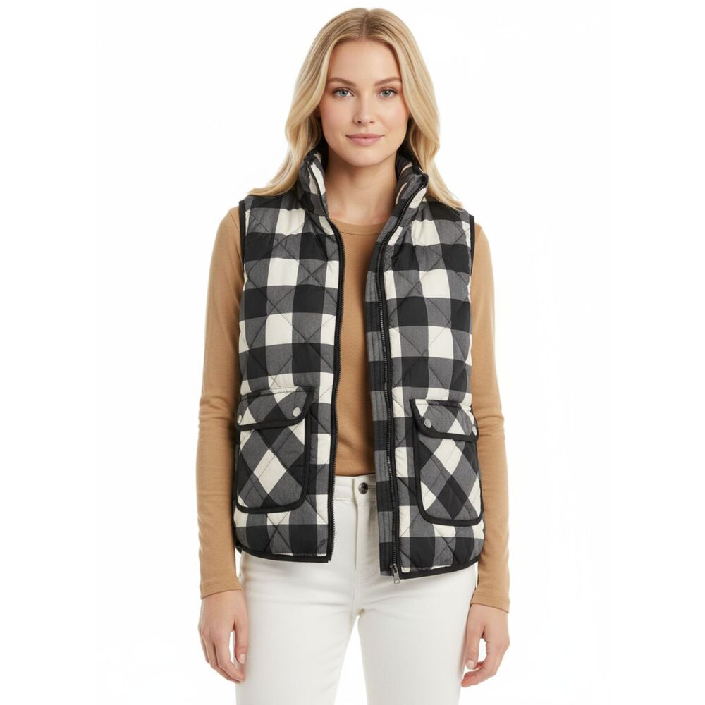 Woolrich Black & Gray Buffalo Plaid Zip Up Sleeveless Quilted Down Filled Vest M